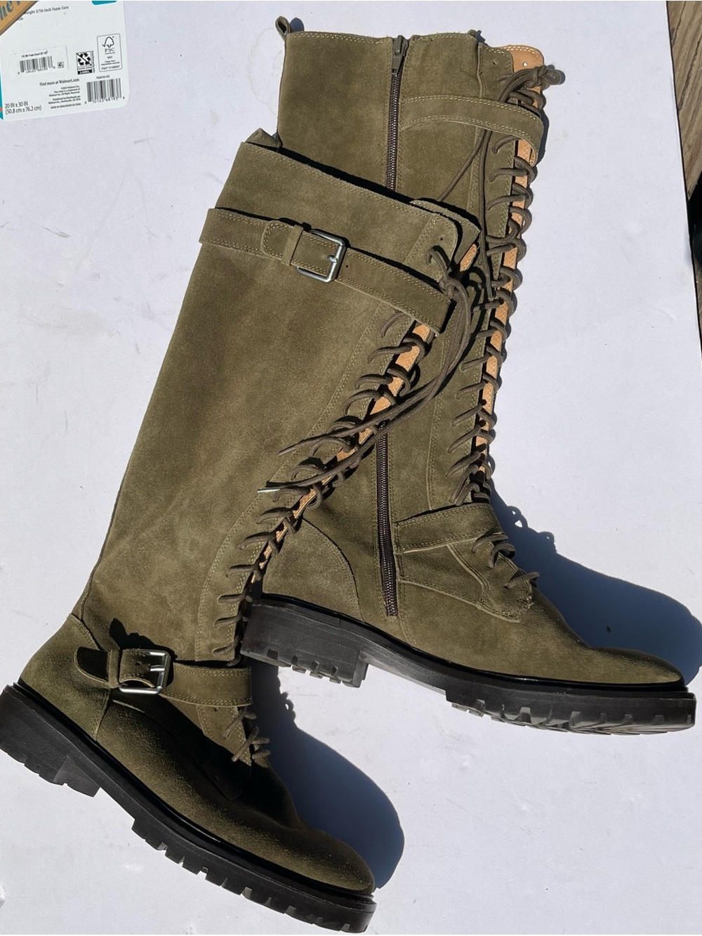 Lucky Brand Inniko Boots 8 Green Suede Lace Up Tall Buckle Moto Grunge Combat - Picture 2 of 16